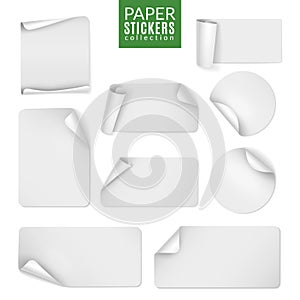 Stickers paper. Label white sticker round and square page, blank badge bent note sticky banners curled corners. Empty