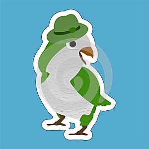 Stickers of Parrot Wearing a Hat Cartoon, Cute Funny Character, Flat Design