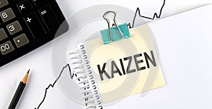 Stickers with pencils and notebook with text KAIZEN on chart background