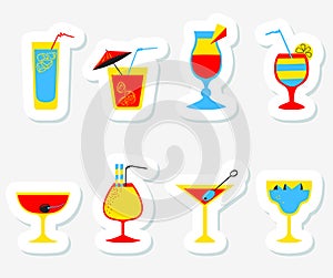 Stickers set with alcohol cocktails. Flat cartoon style collection of tags with drinks, juice