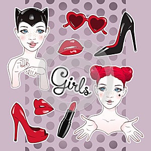 Stickers set cartoon girls and accessories - high heeled shoes, heart shaped glasses, glossy lips and lipstick