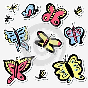 Stickers set with cute butterflies. Collection with funny insect