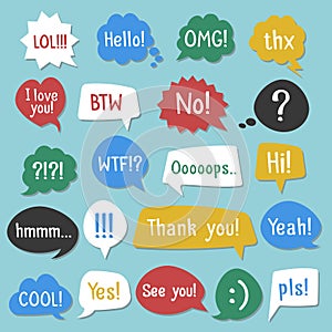 Stickers of speech bubbles color set with shadow. Acronyms and abbreviations