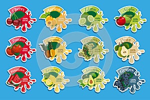 Stickers with splash of fruits. Healthy food. Different types of delicious natural fruits and berries. Different kind of tropical