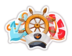 Stickers with steering wheel, captain`s hat, life preserver and anchor.