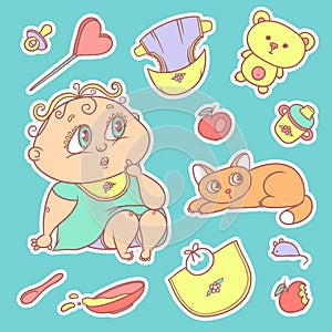 Stickers of the surprised child and the kitten. Hygiene items, baby care and toys. The chubby curly puzzled kid with big