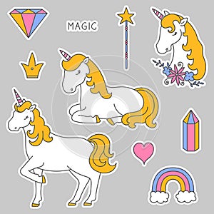 Stickers with a unicorn, rainbow, heart, unicorn head, diamond, crown and magic wand.