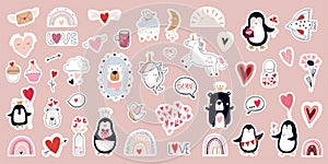 Valentine`s Day stickers collection with different seasonal elements, items set for kids, textile clothes and scrapbook