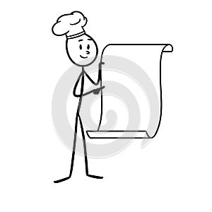 stickfigure chef, carrying a large piece of paper while demonstrating