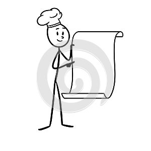stickfigure chef, carrying a large piece of paper while demonstrating photo