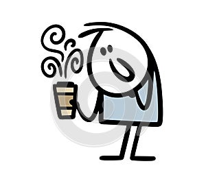 Stickfigure man holds a cup of hot coffee to go to drink it before work.