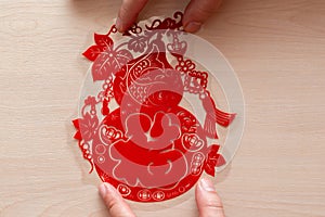 Sticking fluffy red flat paper-cut sticker as symbol of Chinese New Year the Chinese means fortune