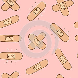 Sticking plaster vector seamless pattern, hand drawn band-aid