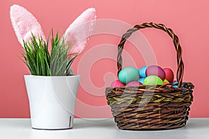 Sticking rabbit ears of a flower pot with artificial green grass, next to a basket with colored dyed eggs. Easter concept