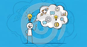 Stickman with Bulb Idea in Cloud Shape on Blue Background
