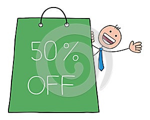 Stickman businessman is behind shopping bag and is happy with 50% off, hand drawn outline cartoon vector illustration