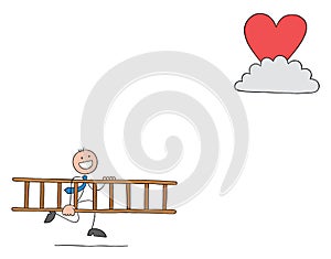 Stickman businessman carries wooden ladder to reach heart on cloud, hand drawn outline cartoon vector illustration
