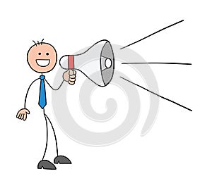 Stickman businessman character announcing using a megaphone, vector cartoon illustration