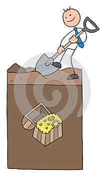 Stickman businessman character digging the ground and big treasure under the soil, vector cartoon illustration
