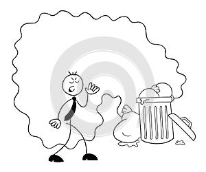 Stickman businessman character disgusted by the smell of garbage, vector cartoon illustration