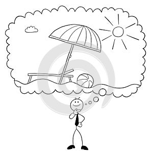 Stickman businessman character dreams of going on vacation, vector cartoon illustration