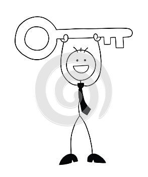 Stickman businessman character happy and raising big key, vector cartoon illustration