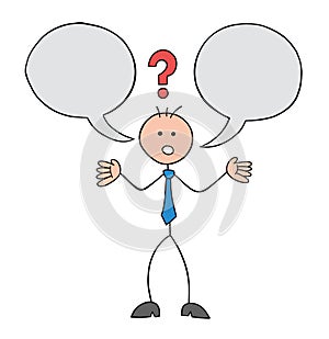 Stickman businessman character has two thoughts and is undecided, vector cartoon illustration