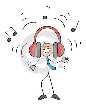 Stickman businessman character listening to loud music with big earphones, vector cartoon illustration