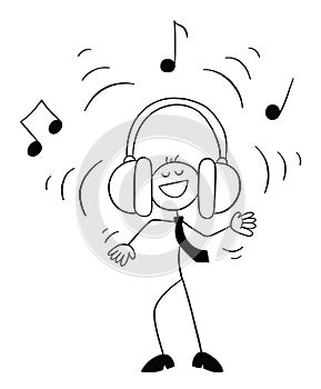 Stickman businessman character listening to loud music with big earphones, vector cartoon illustration