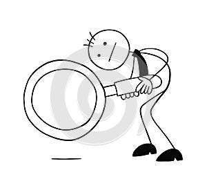 Stickman businessman character looking down with a magnifying glass, vector cartoon illustration