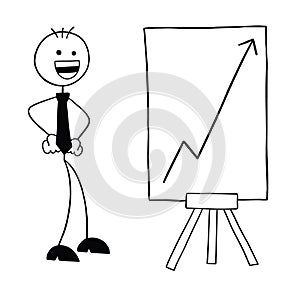 Stickman businessman character with the rising sales chart and very happy, vector cartoon illustration
