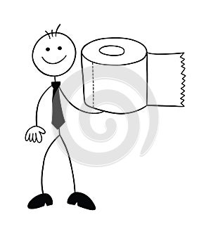 Stickman businessman character with toilet paper, vector cartoon illustration