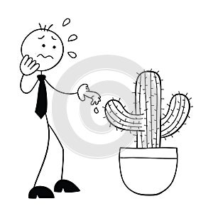 Stickman businessman character touches the cactus thorn and his finger bleeds, vector cartoon illustration