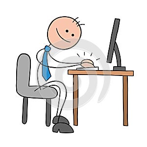 Stickman businessman character working at the computer and happy, vector cartoon illustration