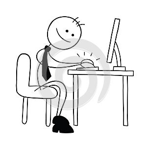 Stickman businessman character working at the computer and happy, vector cartoon illustration
