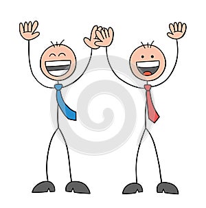 Stickman businessman characters raise their hands up and they are very happy, vector cartoon illustration