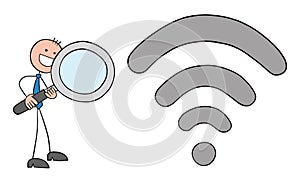 Stickman businessman examines wifi signal with magnifying glass, Hand drawn outline cartoon vector illustration