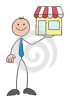 Stickman businessman is holding a shop and smiling, hand drawn outline cartoon vector illustration