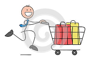 Stickman businessman is running the shopping cart, there are shopping bags in it, hand drawn outline cartoon vector illustration