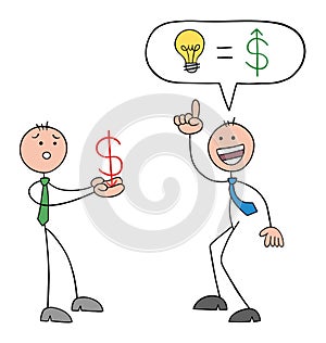 Stickman businessman is unhappy and is holding a falling dollar symbol, his other friend tells him he has the perfect idea to get