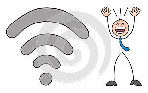 Stickman businessman is very happy with the strong wifi signal, hand drawn outline cartoon vector illustration