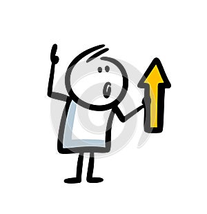 Stickman character holding in hand sign arrow and shoing up direction above his head.