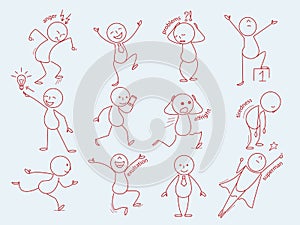 Stickman characters. Business person in doodle style cute expressions man funny poses office manager working vector line