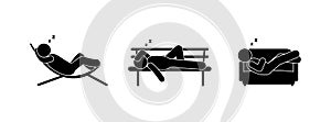 Stickman fell asleep, man is resting, sleeping people icons set, isolated vector illustration, stick figure human