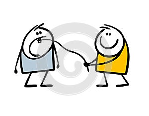 Stickman has tied a rope and is pulling a thread, pulling a sore tooth out of an open mouth. Vector illustration of