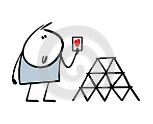 Stickman holds doodle playing card in his hands, the suit of hearts. Vector illustration of a child playing and building