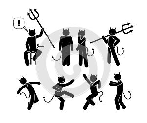 Stickman icon set, stick figure isolated pictograms of the devil, illustration of hell, demons in various poses