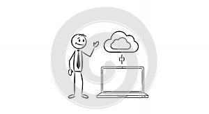 Stickman Presentation of Cloud Computing on Laptop with White Background