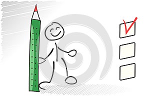 Stickman questionaire checkbox. Choice concept. Vector survey illustration
