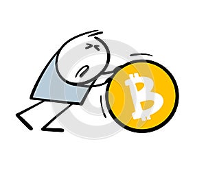 Stickman rolls a huge heavy gold coin with the bitcoin sign with effort. Vector illustration of earning cyber currency